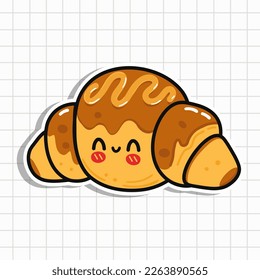 Funny sticker Croissant. Vector hand drawn cartoon kawaii character illustration icon. Isolated on background. Happy Croissant Sticker character concept