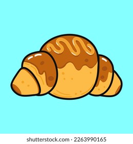 Funny sticker Croissant. Vector hand drawn cartoon kawaii character illustration icon. Isolated on background. Happy Croissant Sticker character concept