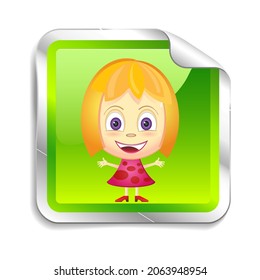 Funny sticker with girl in cartoon style. 
Isolated on white background. Girl character logo. Vector illustration. 

