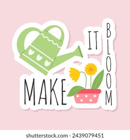Funny sticker for greeting card. Spring work in garden. Watering plants. Vector sticker on spring theme in pastel colors for postcards, scrapbooking, social networks, magnets, invitations, posters