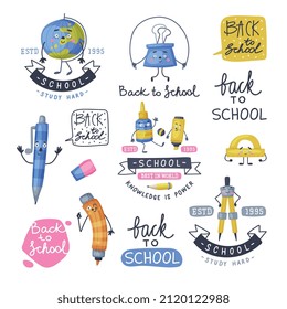 Funny Sticker with Office Supplies Humanized Character with Globe and Pen Having Fun Vector Set