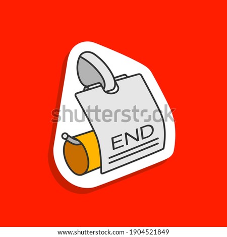 Funny sticker on a red background: The holder has run out of toilet paper. Title: End 