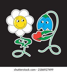 Funny sticker of a smiling daisy flower and a bell with a heart in retro comics style. Cartoon vector characters.