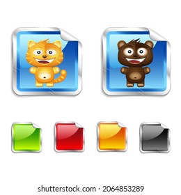 Funny sticker with tiger and bear in cartoon style. 
Isolated on white background. Bear and tiger character logo. Vector illustration. 