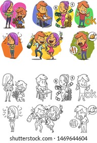 funny stickers of boy and girl in different situations