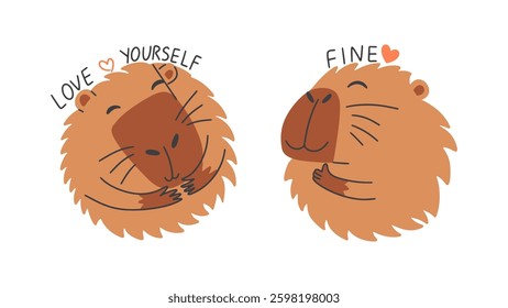 Funny stickers with cute capybara. Vector hand draw illustration. 