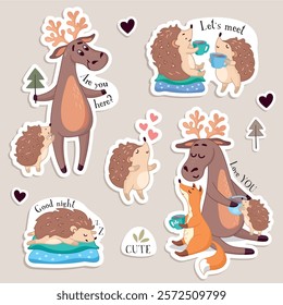 funny stickers, gentle background for children, funny fox, hedgehog, deer, elk, hearts, trees, flowers, pattern, funny inscriptions