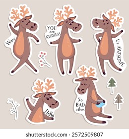 funny stickers, gentle background for children, deer, elk, hearts, trees, flowers, pattern, funny inscriptions