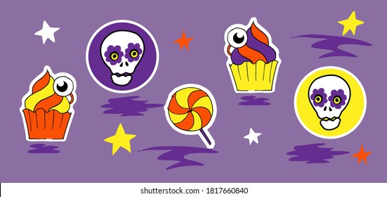 Funny Stickers for Halloween Party, Katrina Skull, Cakes, Candy Cane, Stars on Purple Background. Vector illustration in doodle style