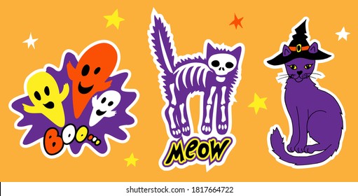 Funny Stickers for Halloween Party, Orange, Yellow and White Ghosts, Cat Skeleton, Purple Cat in a Hat on a Yellow background. Doodle style Vector Illustration