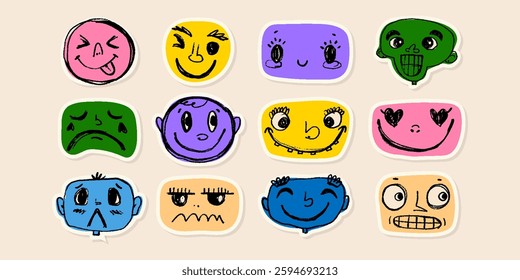 Adesivos engraçados à mão desenhados com lápis e linhas finas com textura grunge sutil. Desenhos de rabiscar avatares femininos e masculinos 