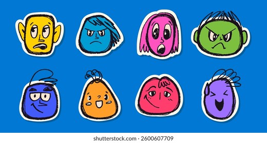 Funny Stickers Hand Drawn with Pencil and Thin Lines with Subtle Grunge Texture. Creative doodle sketches of female and man avatars