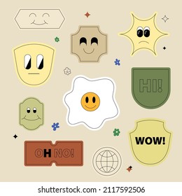 Funny stickers illustration cClip. Modern character design with smiling faces. 