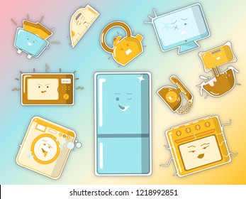 Funny stickers, kitchen devices, cute flat vector illustrations