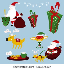 funny stickers on light blue background. It is Santa and his friends: elf and deer