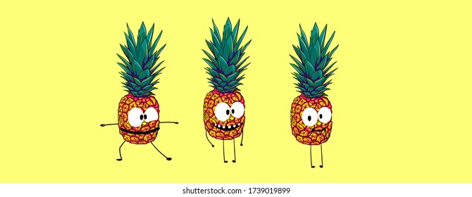 Funny stickers with pineapple characters. Cute Ananas characters. Cute food. Summer illustration for stylish print.