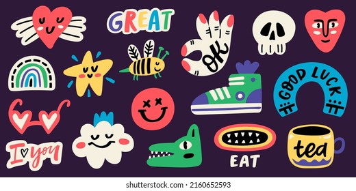 Funny stickers or pins collection, cute comic characters and phrases. Heart, ok sign, sneakers, glasses, scull. Hand drawn trendy vector illustration