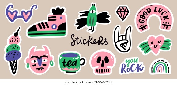 Funny stickers or pins collection, cute comic characters. Heart, rock sign, sneaker, glasses, scull. Hand drawn trendy vector illustration