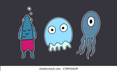 Funny stickers of sea creatures. Fish in pink shorts. Medusa with a funny look. One-eyed 
Octopus. Good for postcards, stickers and children's books. Isolated. Vector.