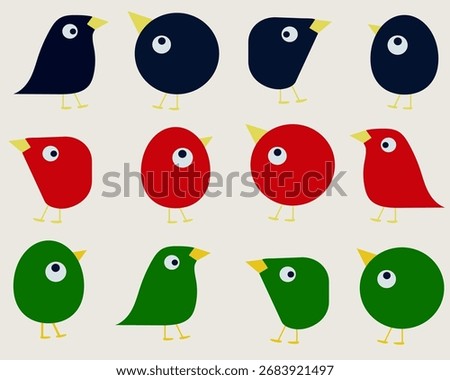 Funny stickers in the shape of various birds. Multicolored hand-drawn birds. Images for stickers, icons, and reminder stickers. Cartoon characters.