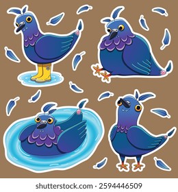 Funny stickers with funny silly pigeons in different poses in vector