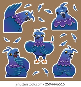 Funny stickers with funny silly pigeons in different poses in vector