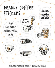 Funny stickers with skulls and coffee vector handdrawn