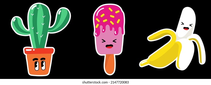 funny stickers in the style of the 90s, on a black background, lemon, cactus, ice cream