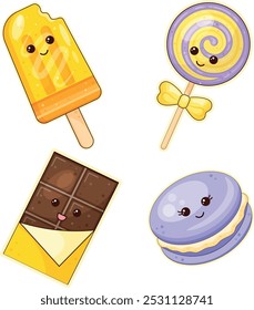 Funny stickers of sweets. Image of croissant, cookie, donut, and cupcake. Vector illustration.