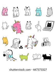 Funny stickers with unicorn eating ice cream, black cats, white kitties, cute dinosaurs with telephone and fax machine. Vector adorable animals illustration. Laptop hand drawn image.