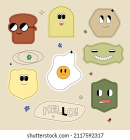 Funny stickers vector set. Modern character design with smiling faces. 