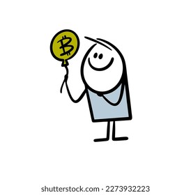 Funny stickfigure cartoon boy holds a balloon with bitcoin sign. Vector happy illustration of stickman and fake gift of crypto currency.