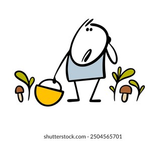 Funny stickman with basket got lost in  forest, looking for mushrooms. Vector illustration of disgruntled man in nature thinking about plants. Isolated hand drawn character on white background.