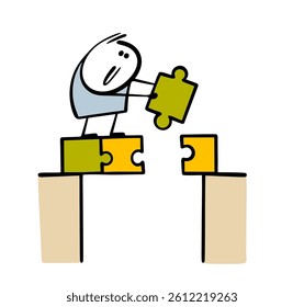 Funny stickman builds a bridge. Vector illustration a child solved a puzzle, found a missing puzzle, a detail in a chain. The man goes to his goal. Cartoon people isolated on white background.
