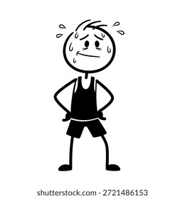 Divertido personaje stickman sintiéndose cansado y sudoroso, manos en las caderas, expresando agotamiento, estrés o condición de exceso de trabajo. Simple ilustración de dibujos animados en blanco y negro aislado sobre fondo blanco