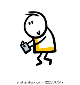 Funny stickman character holding book and reading by walking. Vector illustration of smart man.