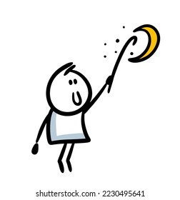 Funny stickman character trying to  reach out the moon with long stick and hook. Vector illustration of silly face boy playing in night time with stars.