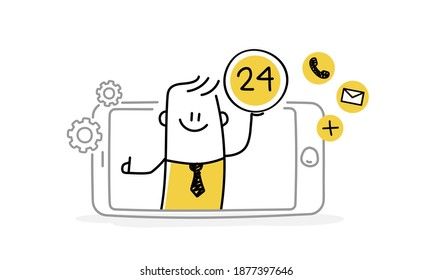Funny stickman, customer help, contact us. Vector illustration.
