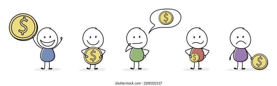 Funny stickman with dollar. Money saving concept. Icon set. Vector