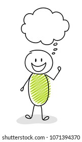 Funny stickman with empty speech bubble - happy facial expression. Vector.