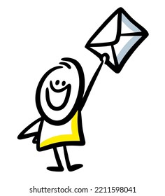 Curioso pegajoso con el sobre en la mano. Ilustración vectorial en el estilo de doodle del trabajador de la oficina de correos.