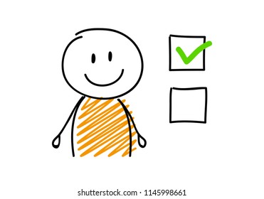 Funny stickman with facial expession and tick icons. Vector.