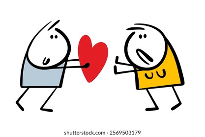 Funny stickman gives a heart to a disgruntled woman. Vector illustration of a girl renouncing love. Doodle unhappy lover. Isolated cartoon person on white background.