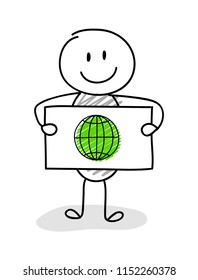 Funny stickman with globe icon. Vector.