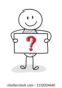 Funny stickman with hand drawn question mark icon. Vector.
