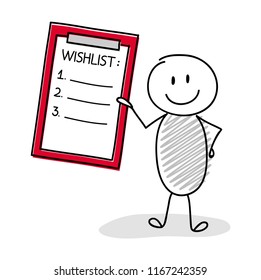 Funny Stickman Holding Clipboard With Wish List. Vector