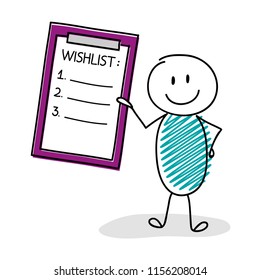 Funny stickman holding clipboard with wishlist and copyspace. Vector