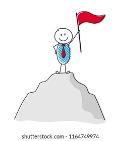 Funny stickman holding flag and standing on the top of a mountain - concept of boss. Vector.