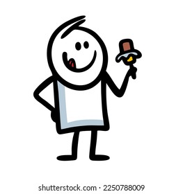 Funny stickman holds an ice cream popsicle in his hand and licks his lips with his tongue in anticipation of a sweet dessert. Vector illustration of a teenager and junk food.