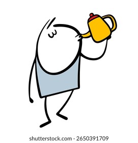 Funny stickman holds a kettle and drinks water. Vector illustration of a man in the kitchen and hot tea after lunch. Cartoon guy quenches his thirst.